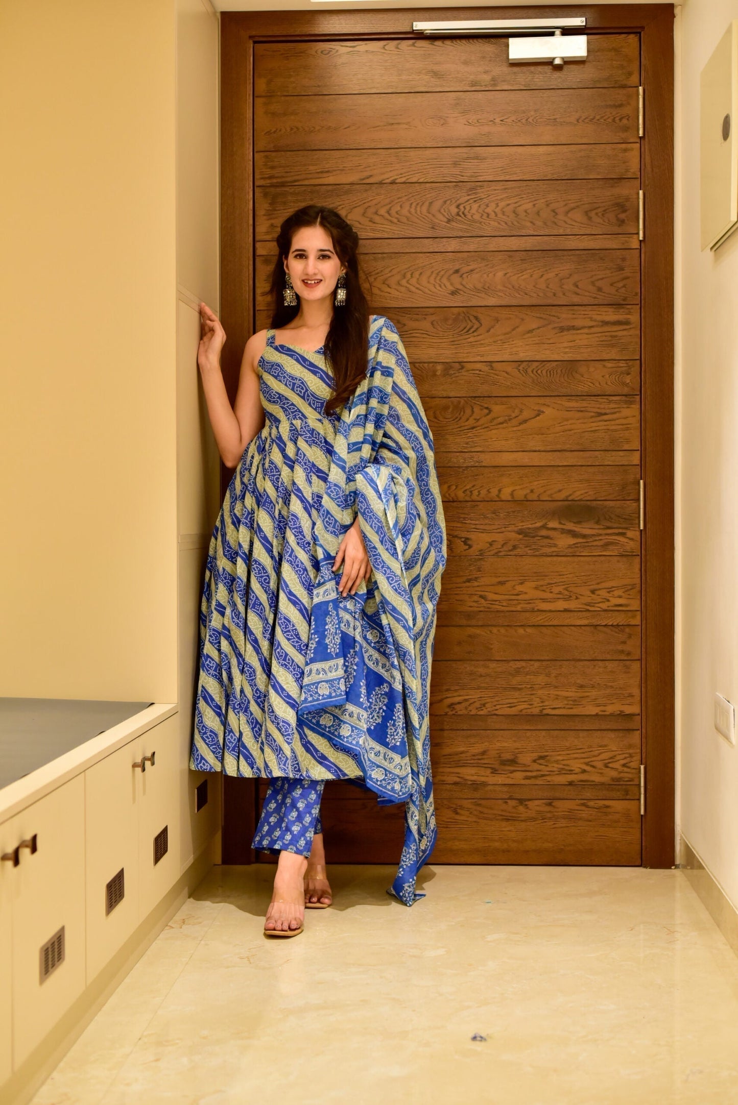 blue and grey linear cotton suit set