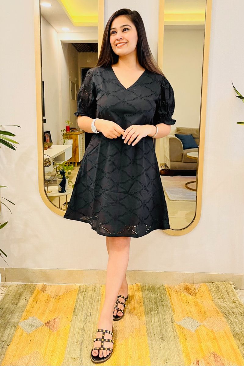 BLACK SCHIFFLI EMBROIDERED FLARED DRESS