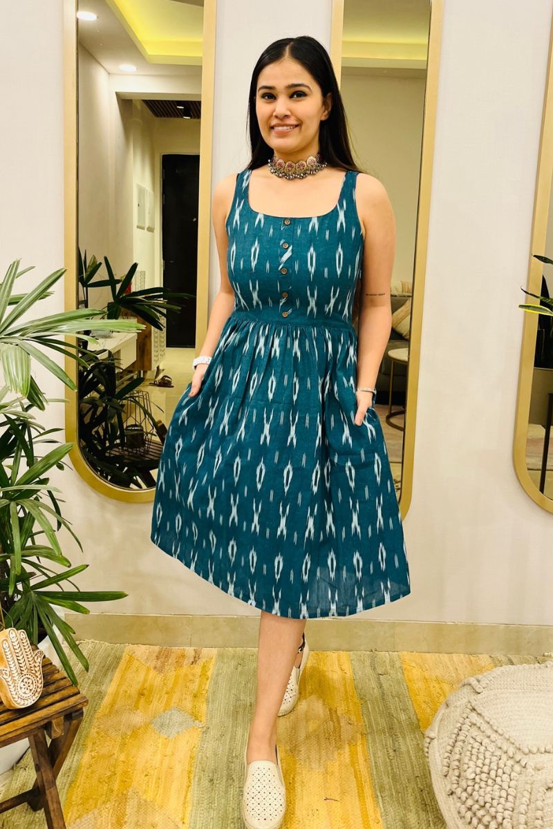 TEAL GREEN IKAT FLARED DRESS