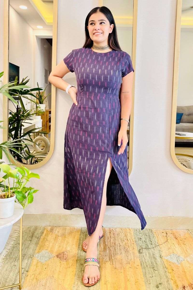 AUBERGINE IKAT SLIT DRESS