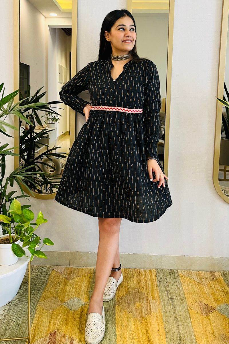 BLACK IKAT FLARED DRESS