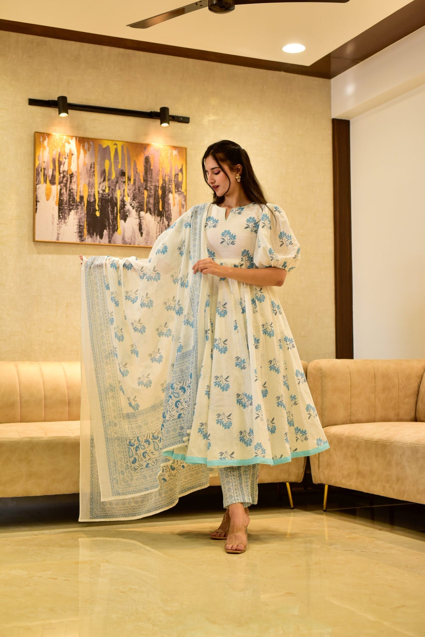 white &amp; blue flora cotton suit set