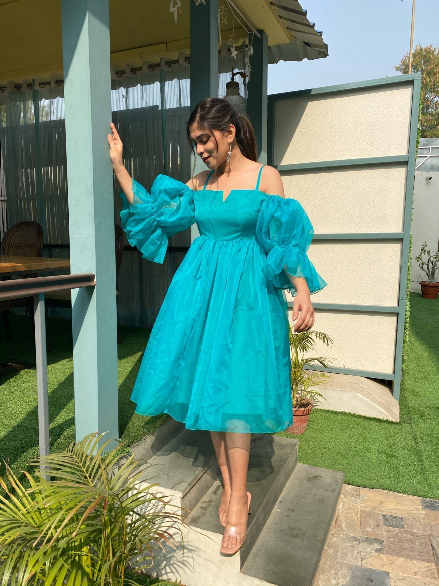 teal blue organza dress