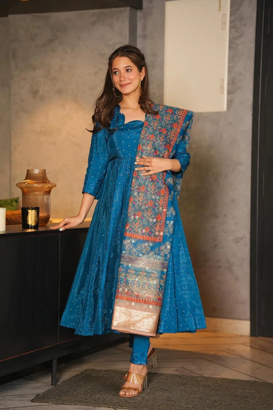 aqua blue silk suit set