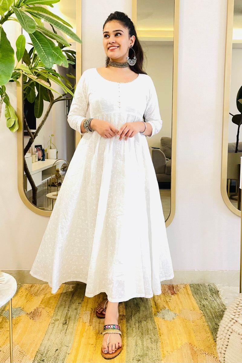 WHITE EMBROIDERED ANARKALI MAXI DRESS