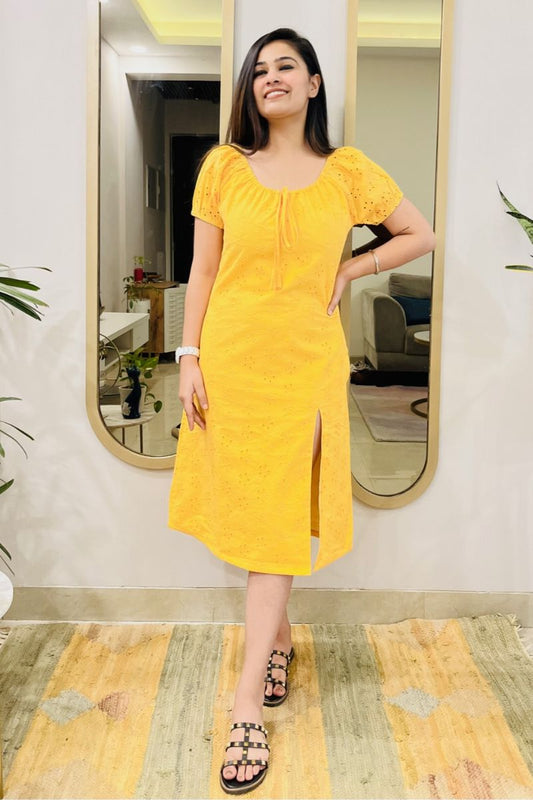 YELLOW SCHIFFLI EMBROIDERED SLIT DRESS