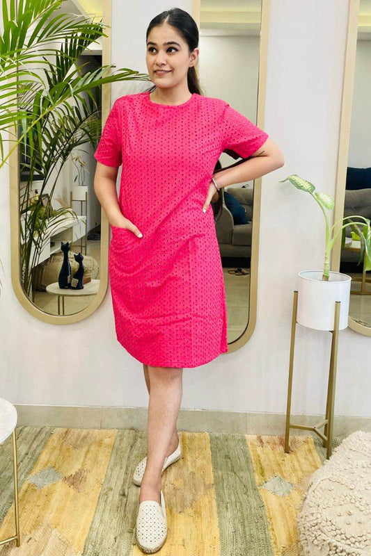 FUSCHIA SCHIFFLI EMBROIDERED SHIFT DRESS WITH POCKETS