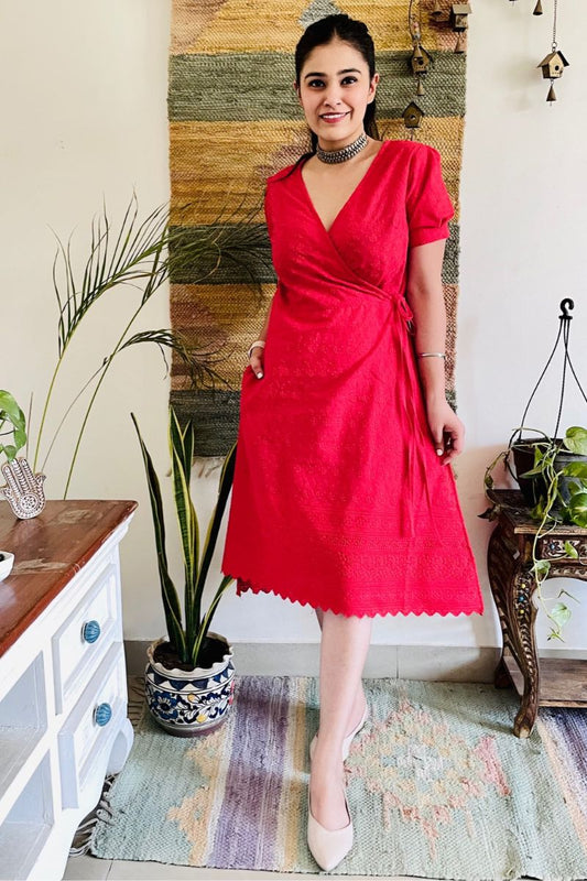 RED EMBROIDERED WRAP DRESS